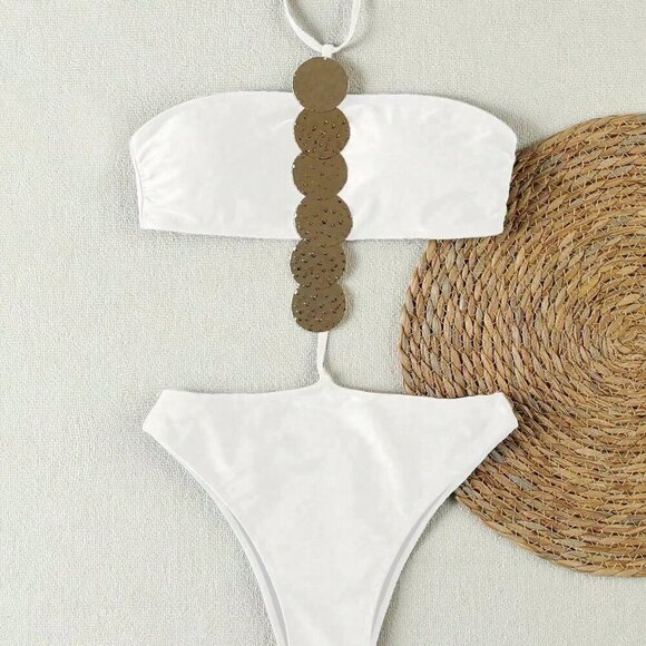 White Casual womens one piece swimsuit with details vacation beach - Picture 3 of 5